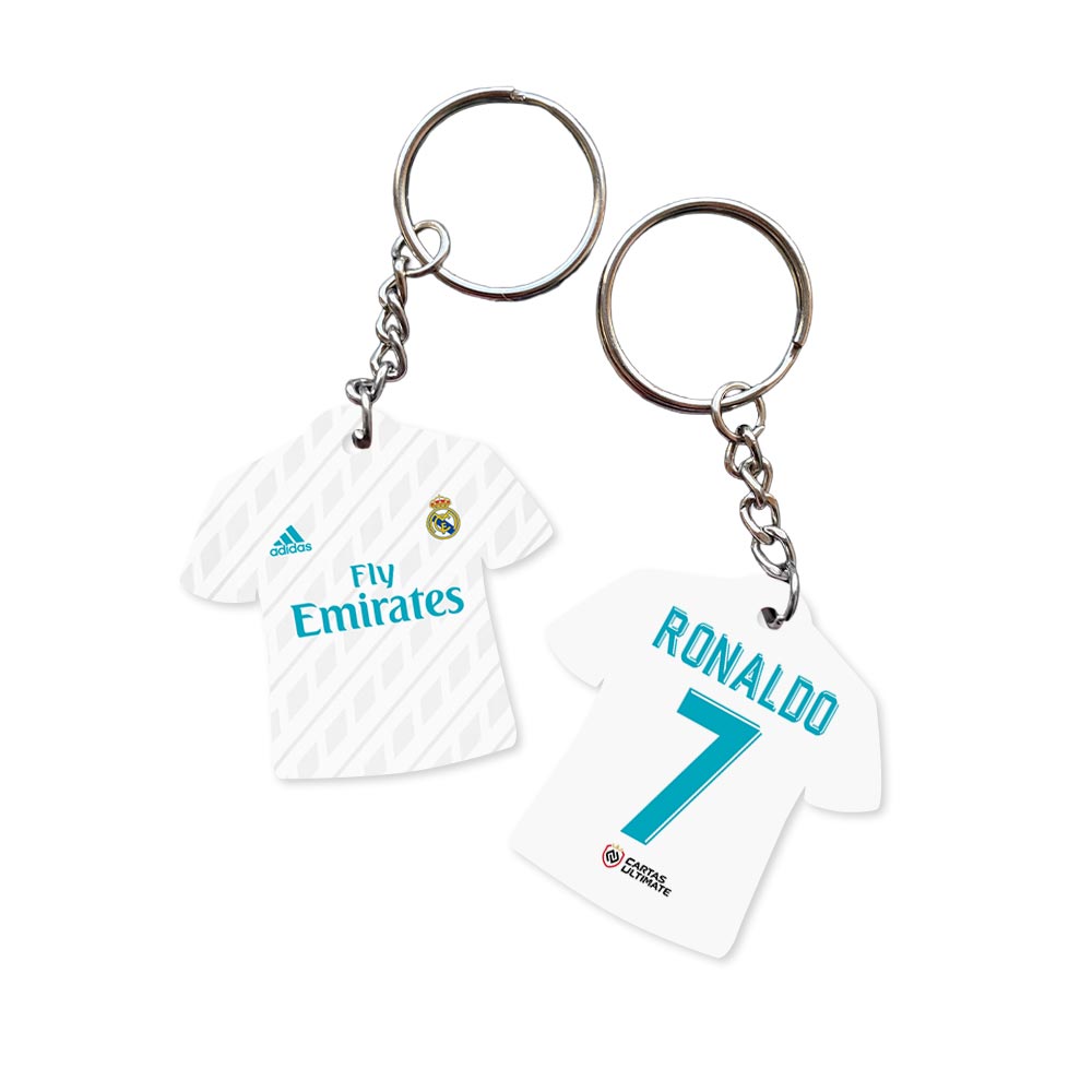 A keychain shaped like Cristiano Ronaldo's Real Madrid jersey.
