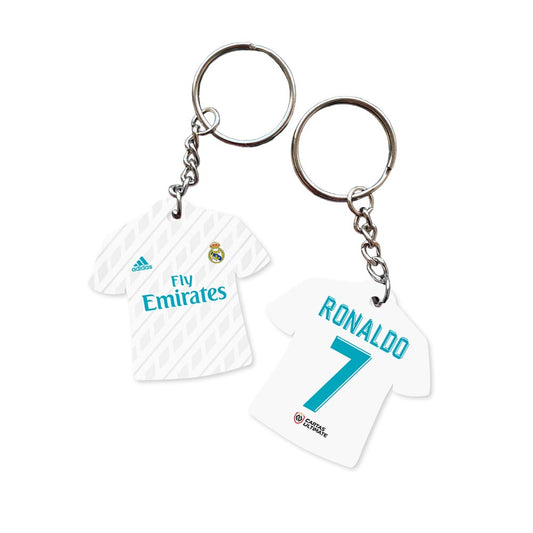 A keychain shaped like Cristiano Ronaldo's Real Madrid jersey.